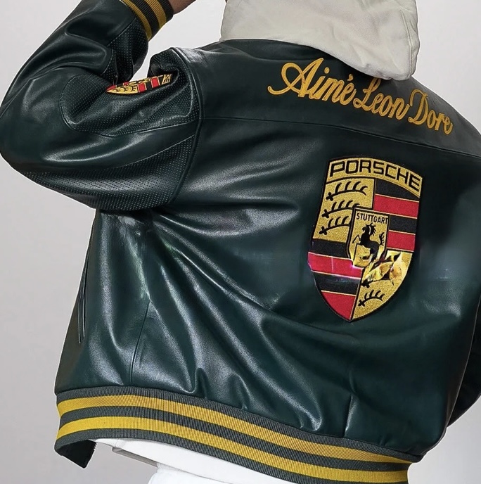 Porsche x Aimé Leon Dore green leather racing jacket with gold crest